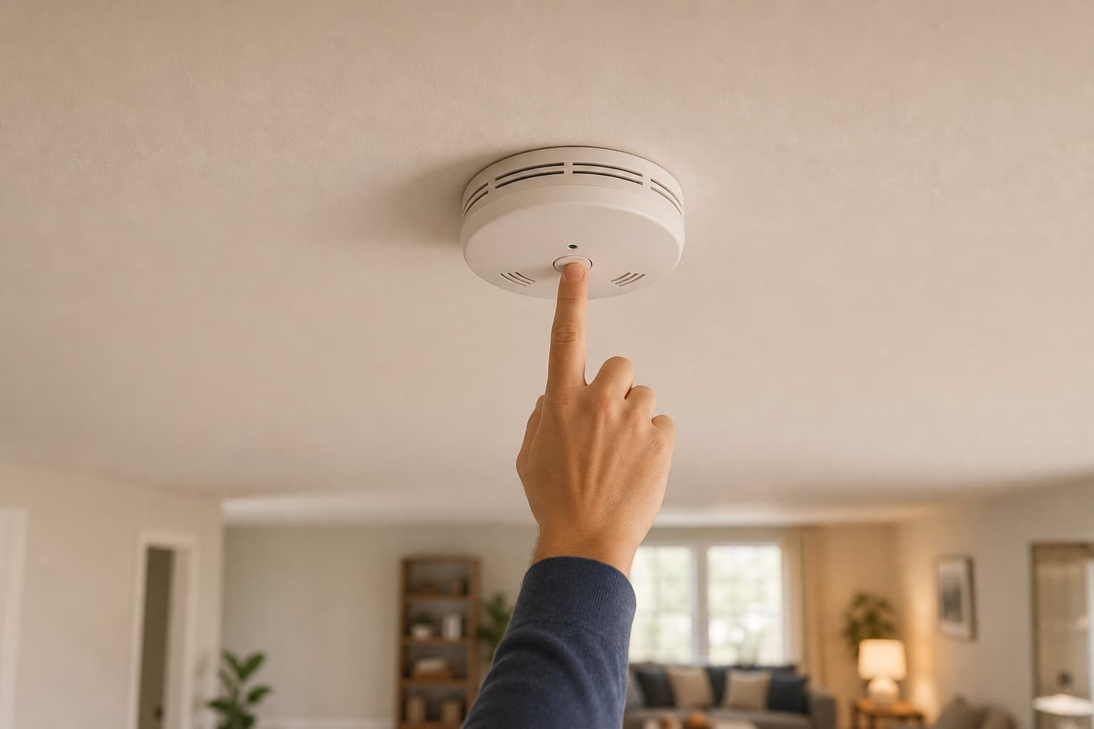 A hand testing a home smoke alarm mounted on a hallway ceiling